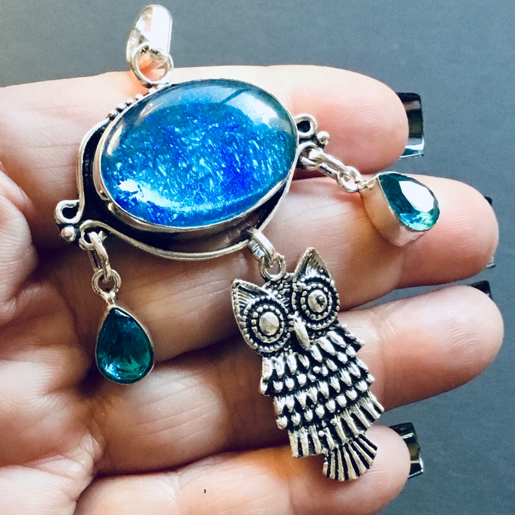 Blue Topaz & Foil Glass Gemstone Owl Necklace Pendant